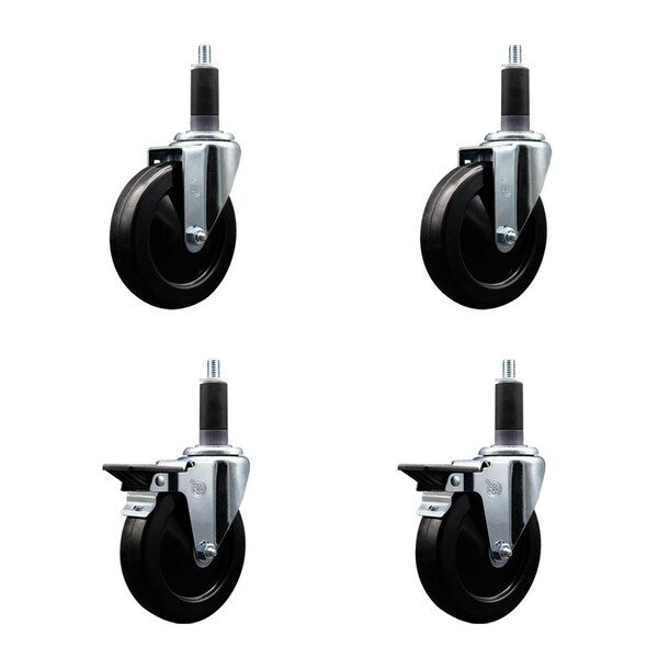 5'' Hard Rubber Wheel Swivel 1-1/8'' Expand Stem Caster Set 2 Brakes, 4PK